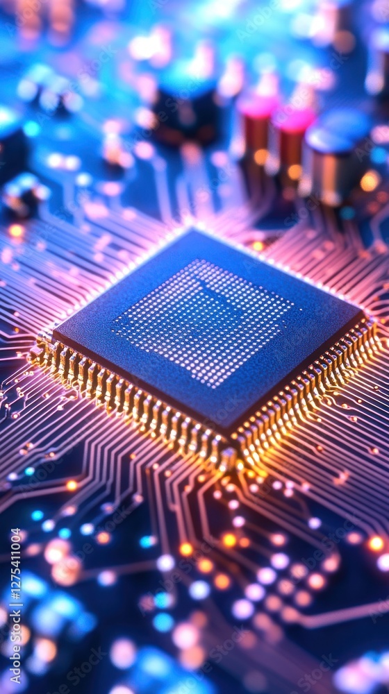 Poster close-up of a microchip on a vibrant circuit board