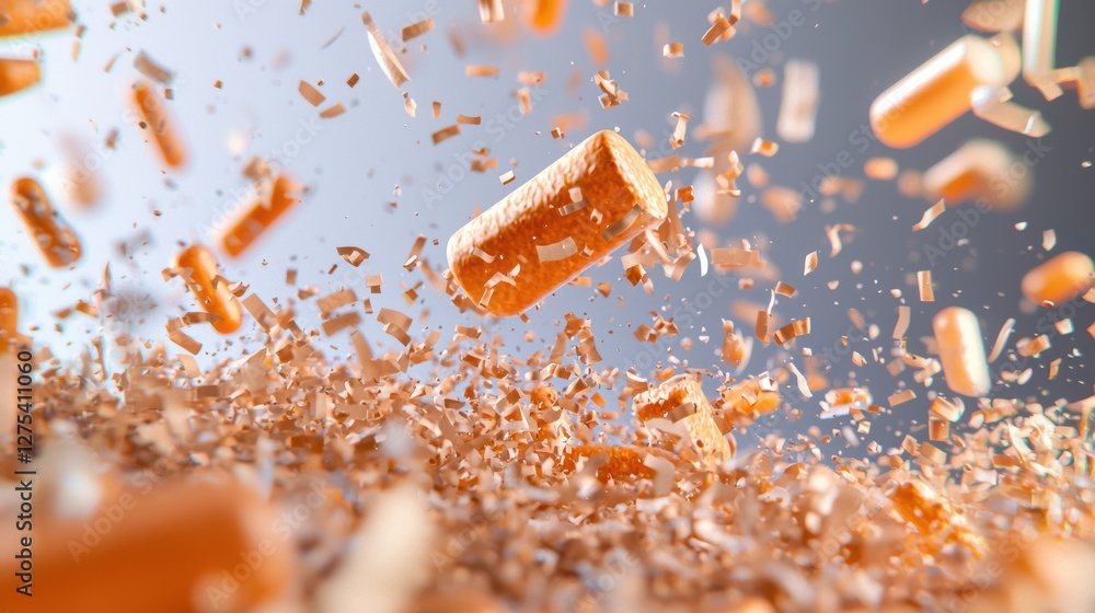 Poster explosive action of shattered orange particles studio high-definition image dynamic environment clos