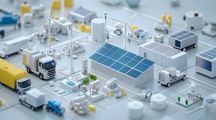 Obraz premium Aerial view of a modern industrial rooftop renewable energy system with solar panels and wind turbines generating clean sustainable power