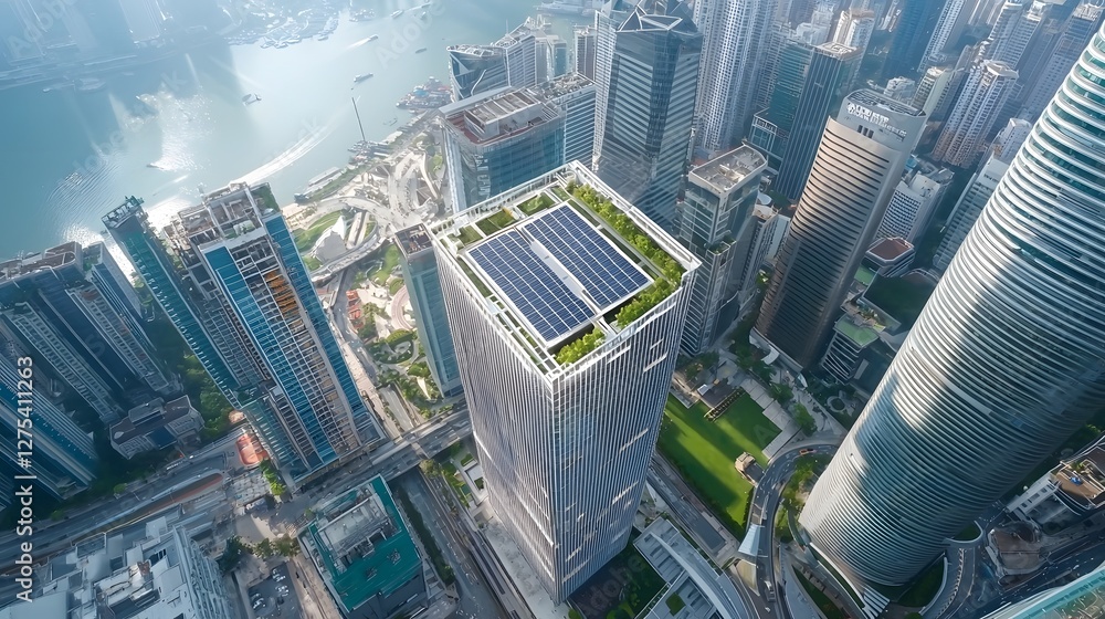 Poster aerial view of a modern office skyscraper with a fully integrated solar power system on the rooftop 