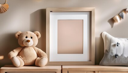 Scandinavian Nursery Interior Cozy MockUp Photo Frame, Teddy Bear, Modern Furniture, and Pillows in a Minimalist, PastelToned Scene, Exuding Tranquility and Comfort.