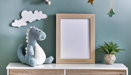 Scandinavian Nursery Interior Mockup Frame, Playful Dinosaur Decor, Design Furniture, and Whimsical Beauty, Perfect for Digital Art, Home Decor, or Design Inspiration