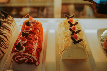 Assorted Swiss roll cakes with chocolate and cherry decorations in a bakery display