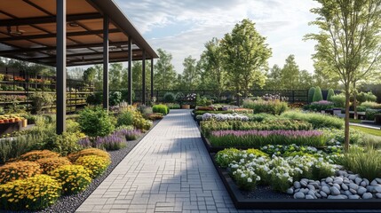 Obraz premium Garden center with vibrant plants, flowers, and neatly arranged garden displays