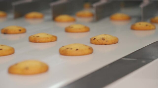 Industrial production of cookies and bars, showcasing automated machinery, conveyor belts, dough preparation, and packaging processes. A behind-the-scenes look at a modern food factory in action.