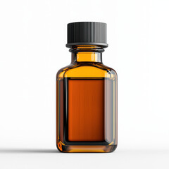 Amber glass bottle with black cap on white background, showcasing clean and minimalistic design. bottle is suitable for storing liquids like antiseptics or essential oils