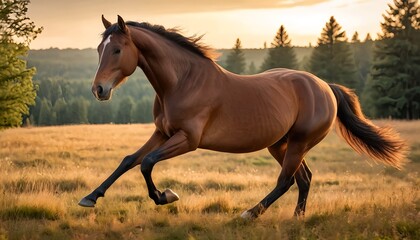 Obraz premium Chestnut Horse Running in Golden Sunset Meadow