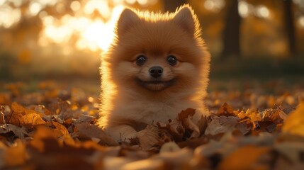 Fototapeta premium Happy Pomeranian puppy autumn park sunset leaves