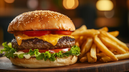 National Hamburger Month, Grilled beef burger with melted cheddar cheese, fresh lettuce, thick red tomato and special sauce, served on a wooden plate with golden fries on the side, Ai generated images