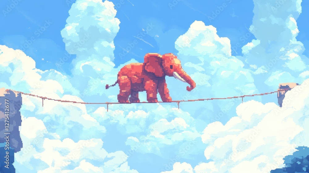 Aufkleber a video game-inspired pixelated elephant performing a balancing act on a tightrope in the clouds.