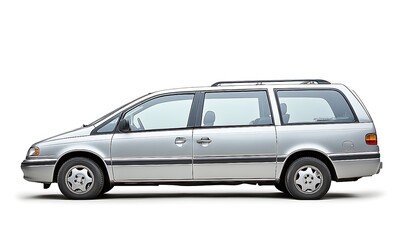 Silver minivan profile, studio shot, against white background.  Possible use for automotive catalogs or marketing