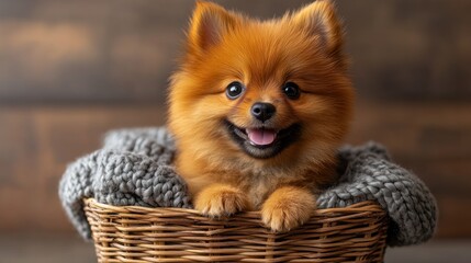 Obraz premium Happy Pomeranian puppy basket wood background