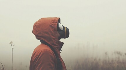 Fototapeta premium A person wearing a PM dust mask outdoors during high pollution levels, with an overcast sky and haze in the air.