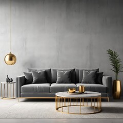 Modern Gray Velvet Sofa in Minimalist Living Room with Gold Accents