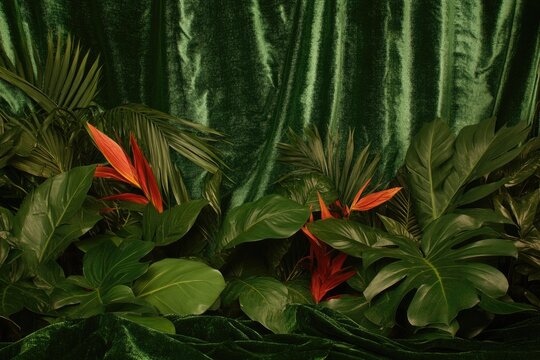 Lush green backdrop with vibrant tropical leaves, showcasing ric