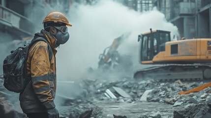 A person wearing a protective PM dust mask in a construction zone, surrounded by dust and debris.