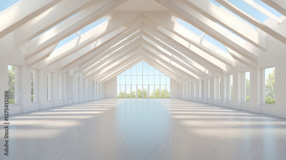 Poster a modern white architectural space with bold angular shadows from overhead beams, creating a strikin