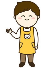 案内をするエプロンを着た男性のシンプルなイラスト　イエロー