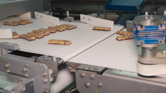 Industrial production of cookies and bars, showcasing automated machinery, conveyor belts, dough preparation, and packaging processes. A behind-the-scenes look at a modern food factory in action.