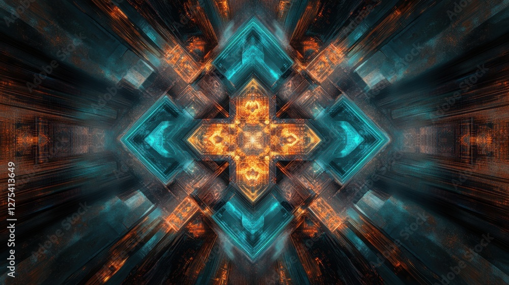 Poster abstract teal and orange geometric shapes blending into a modern digital background with intricate d