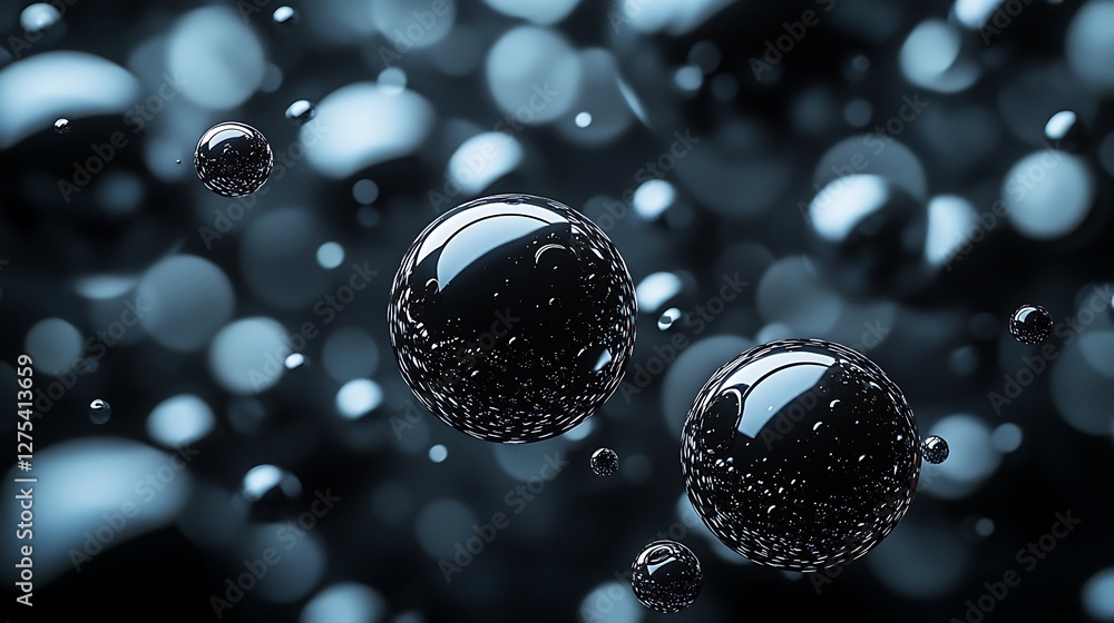 Poster abstract dark spheres floating, bokeh background; science, tech concept
