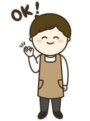 エプロンを着た男性がOKポーズをしているシンプルなイラスト　ブラウン系