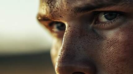 Baseball playoffs with a close-up of a pitcher’s focused face. Featuring concentration and determination