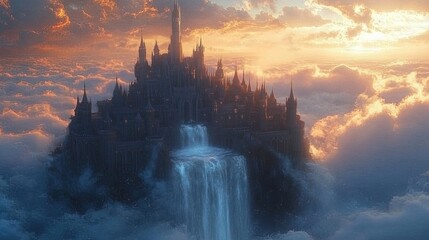 Fototapeta premium A whimsical fantasy castle floating in the clouds with waterfalls cascading, magical and dreamlike