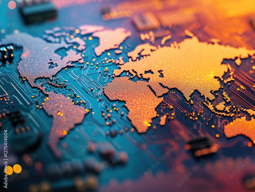 Poster abstract world map with circuit board design