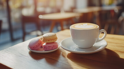 National Macaroon Day, Elegant cafe table with a cup of foamy cappuccino and a small plate of pastel macaroons, Ai generated images