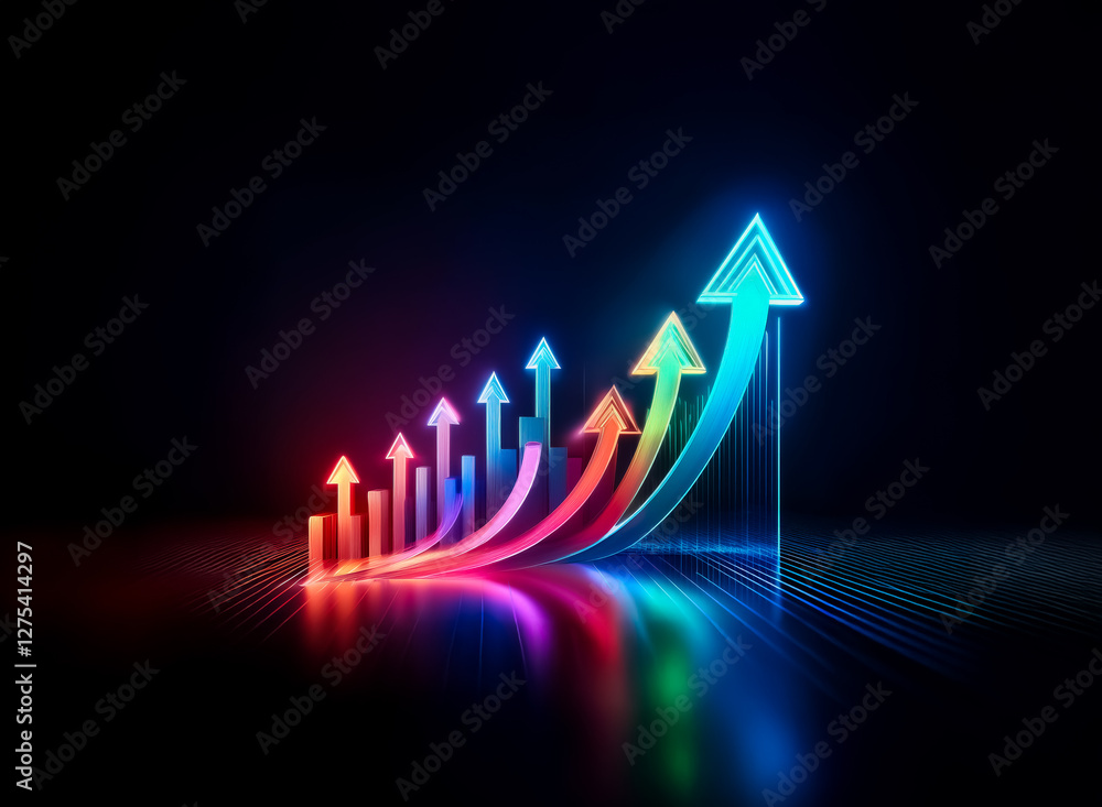 Poster vibrant neon arrows ascend against a dark backdrop, symbolizing progress and positive trends. a colo