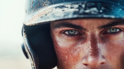 Baseball playoffs with a close-up of a player’s face under a helmet. Featuring focus and intensity