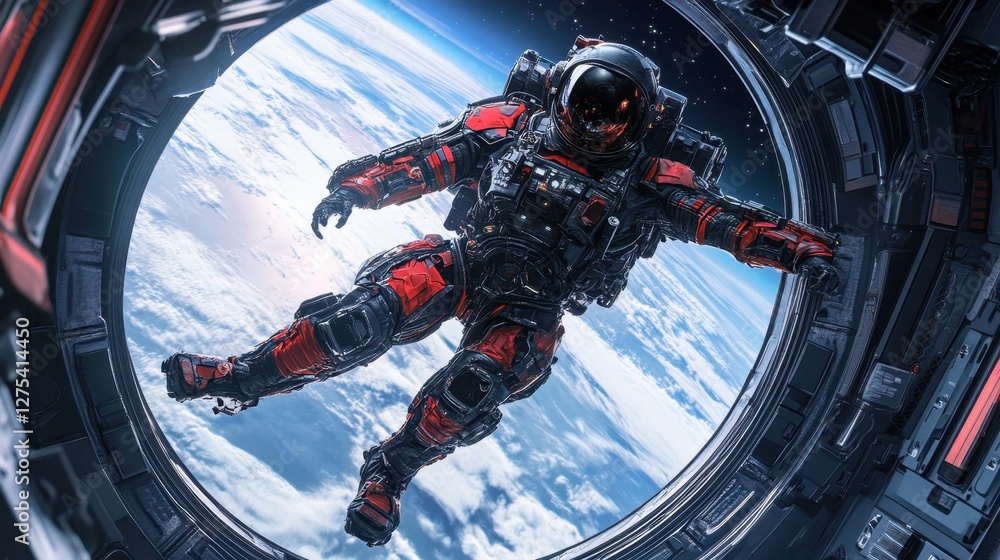 Poster an advanced robotic astronaut floating in zero gravity, watching earth from a futuristic space stati