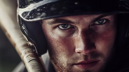 Baseball playoffs with a close-up of a player’s focused expression at bat. Featuring intensity and concentration
