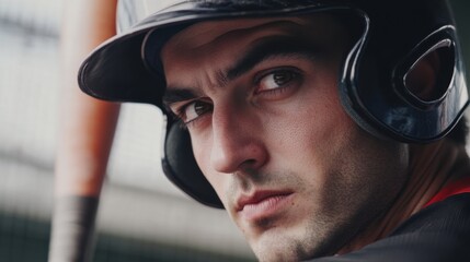 Baseball playoffs with a close-up of a player’s focused expression at bat. Featuring intensity and concentration