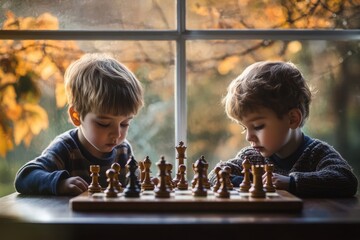 Young Children Engaged in a Serious Chess Game by Window