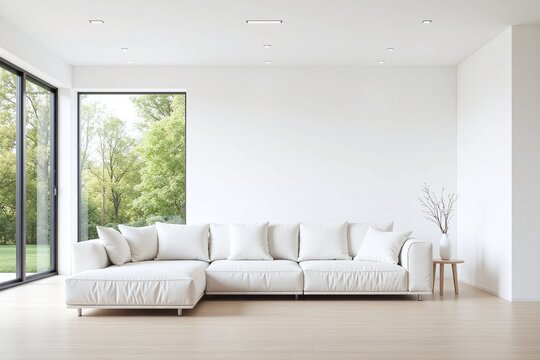 Modern living room large white sofa window view side table plants