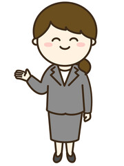 案内をするスーツを着た女性のシンプルなイラスト