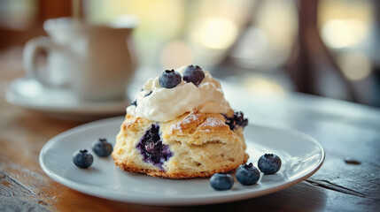 Freshly Baked Blueberry Scone with Whipped Cream and Berries on a Rustic Plate