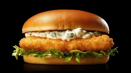 A crispy fish sandwich topped with tartar sauce and lettuce, styled with a nautical theme