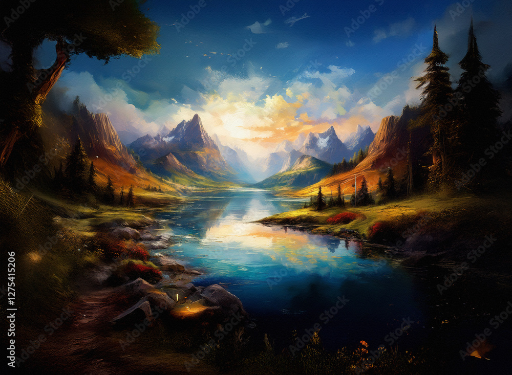 Poster a scenic landscape with a reflective lake mirroring mountains beneath a cloudy sky. trees and foliag