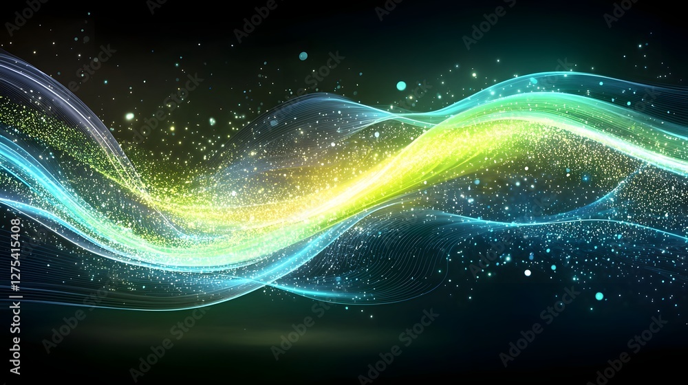 Aufkleber Futuristic abstract background with illuminated blue and green light trails particles and streams of data flowing through a cosmic space representing the concept of intelligence
