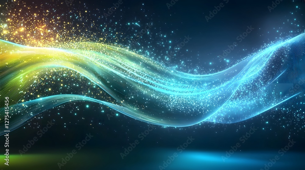 Poster Futuristic abstract digital network background with bright neon blue and green lines interconnected data particles moving in a high tech environment