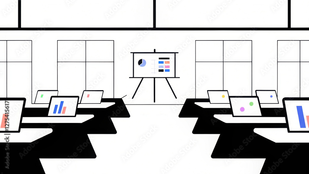 Poster modern office space with multiple desks features laptops displaying graphs and charts, emphasizing i