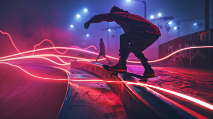 A skateboarder grinding a rail, leaving behind a neon, animated streak of light. The scene captures dynamic motion and energy, blending street culture with a touch of digital magic.
