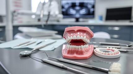 Showcasing ideal dental health  instruments and teeth model demonstrating dentistry tools