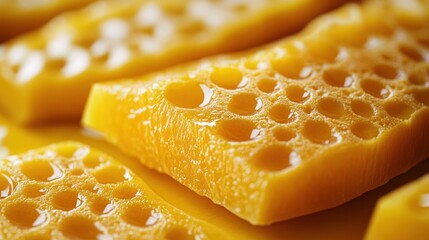 Honeycomb pieces dripping honey close-up