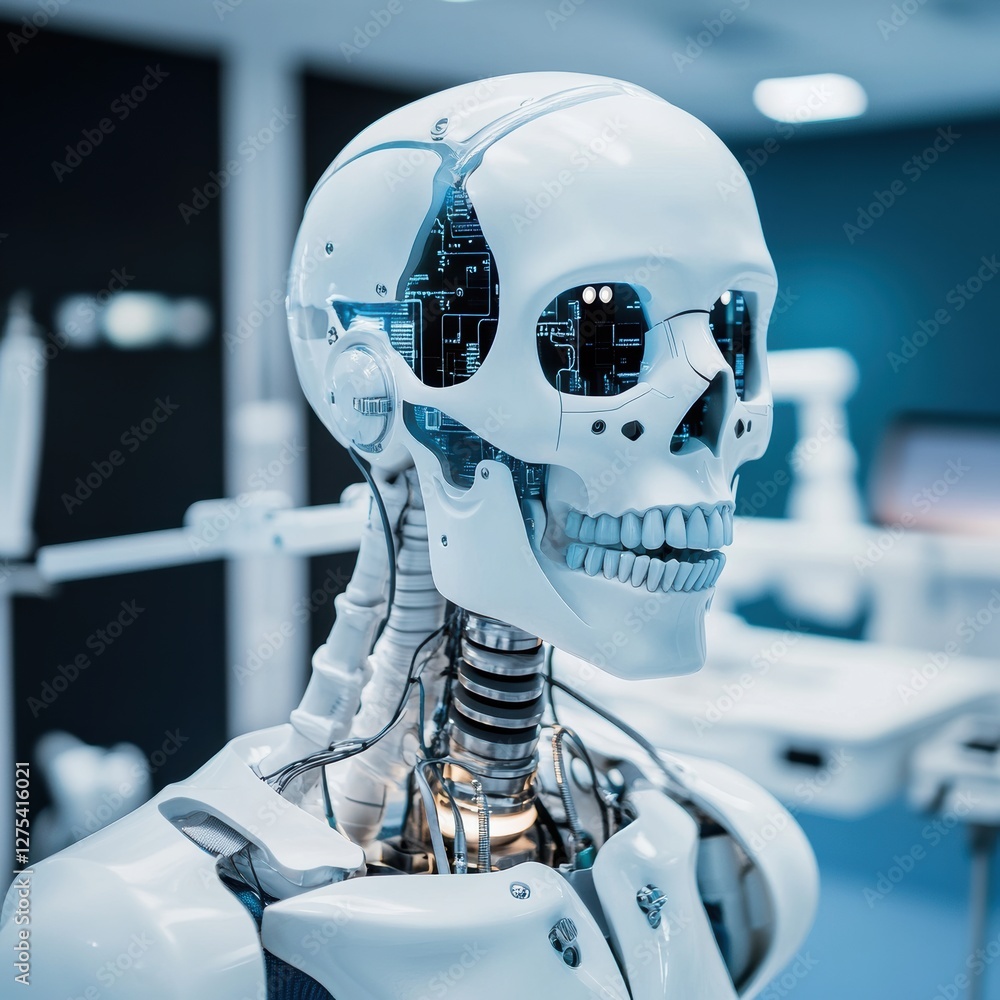 Poster advanced robotic skeleton demonstration laboratory technology showcase high-tech environment close-u