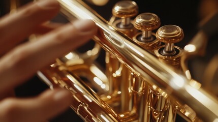 Obraz premium Close-up of a trumpet being played, with the player's hands gripping the valves and golden brass reflecting light.