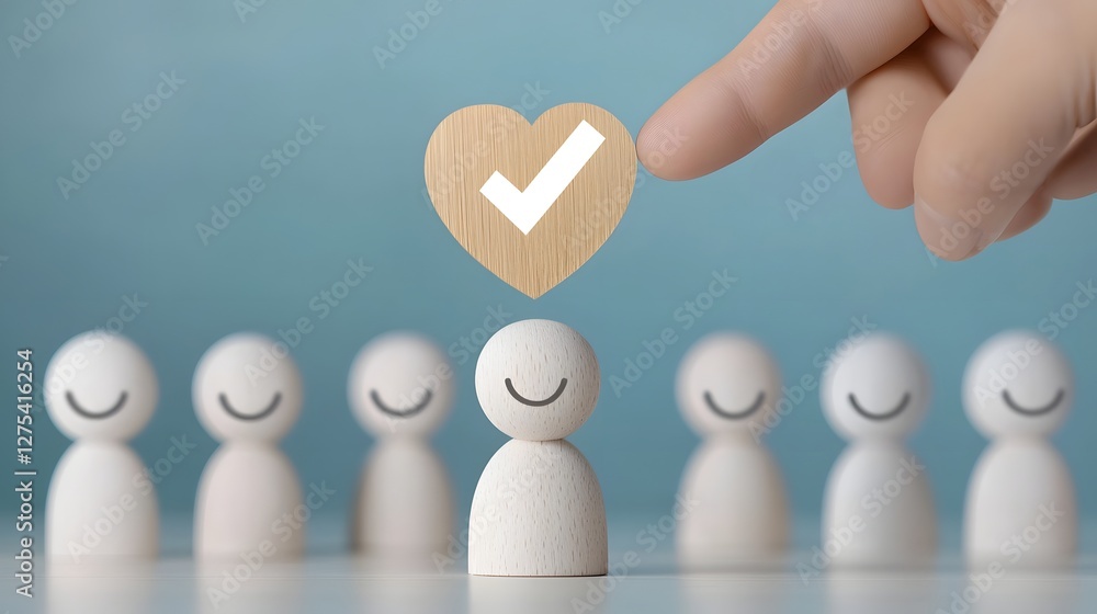 Poster glowing checkmark icon placed over a smiling wooden figure symbolizing the selection and approval of